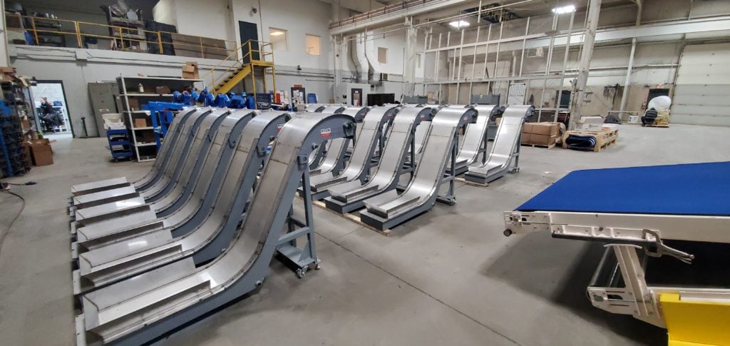 Magnetic Conveyors all lined up in a factory